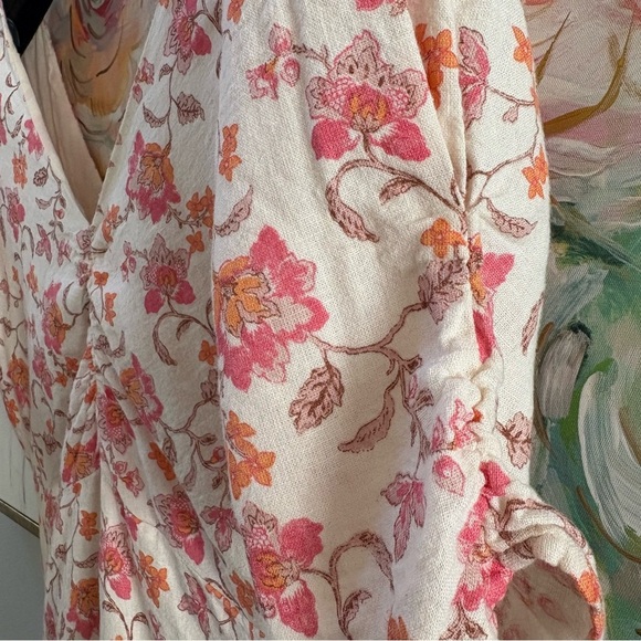 Tintoretto Linen Floral Dress White Pink Orange Short Sleeve V-Neck Size M - Picture 5 of 16